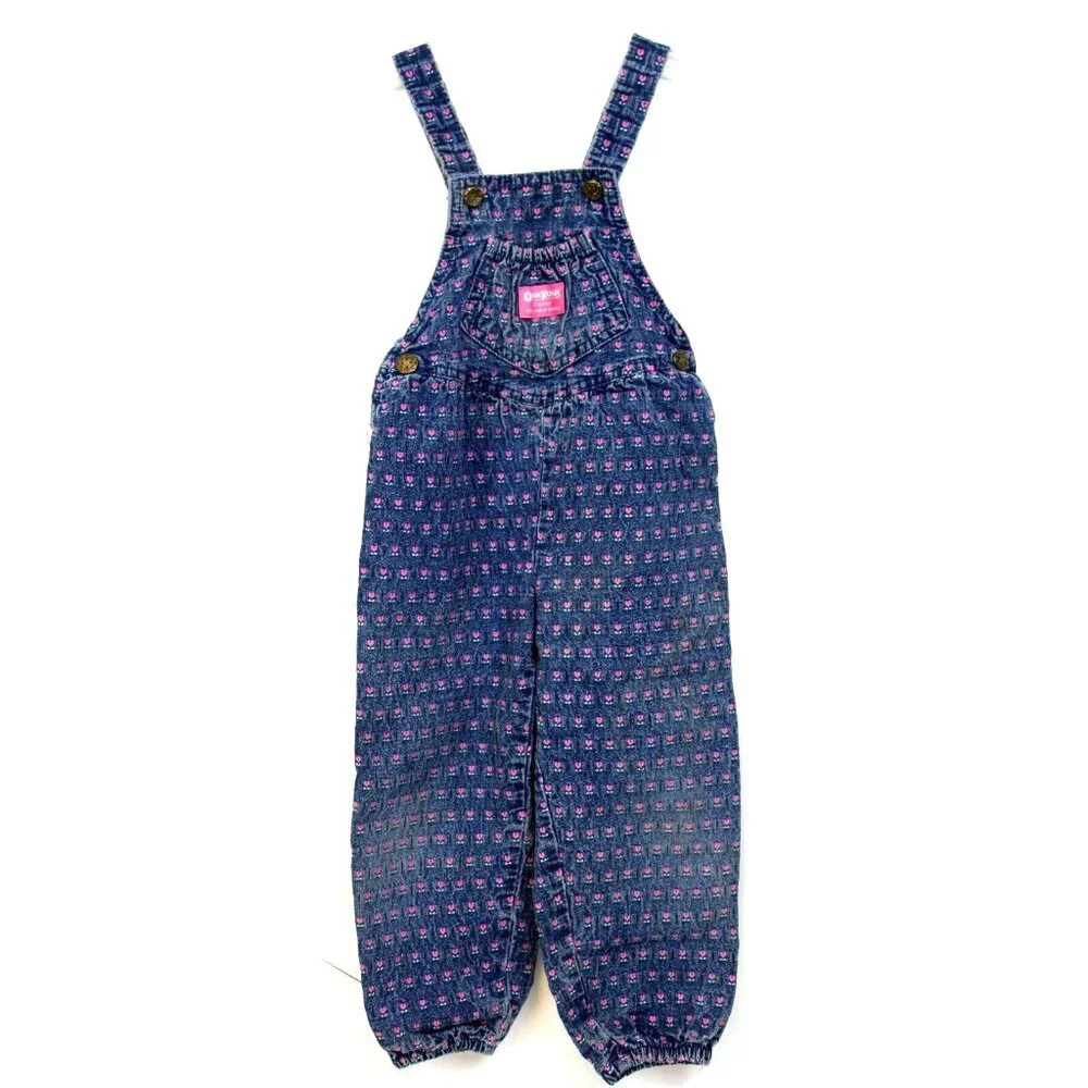 Vtg 1980s OshKosh B'Gosh Denim Overalls Woven Flower Hearts Girls sz 4T